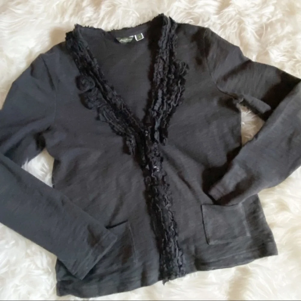 Eddie Bauer Gray V Neck Ruffle Trim Cardigan Small